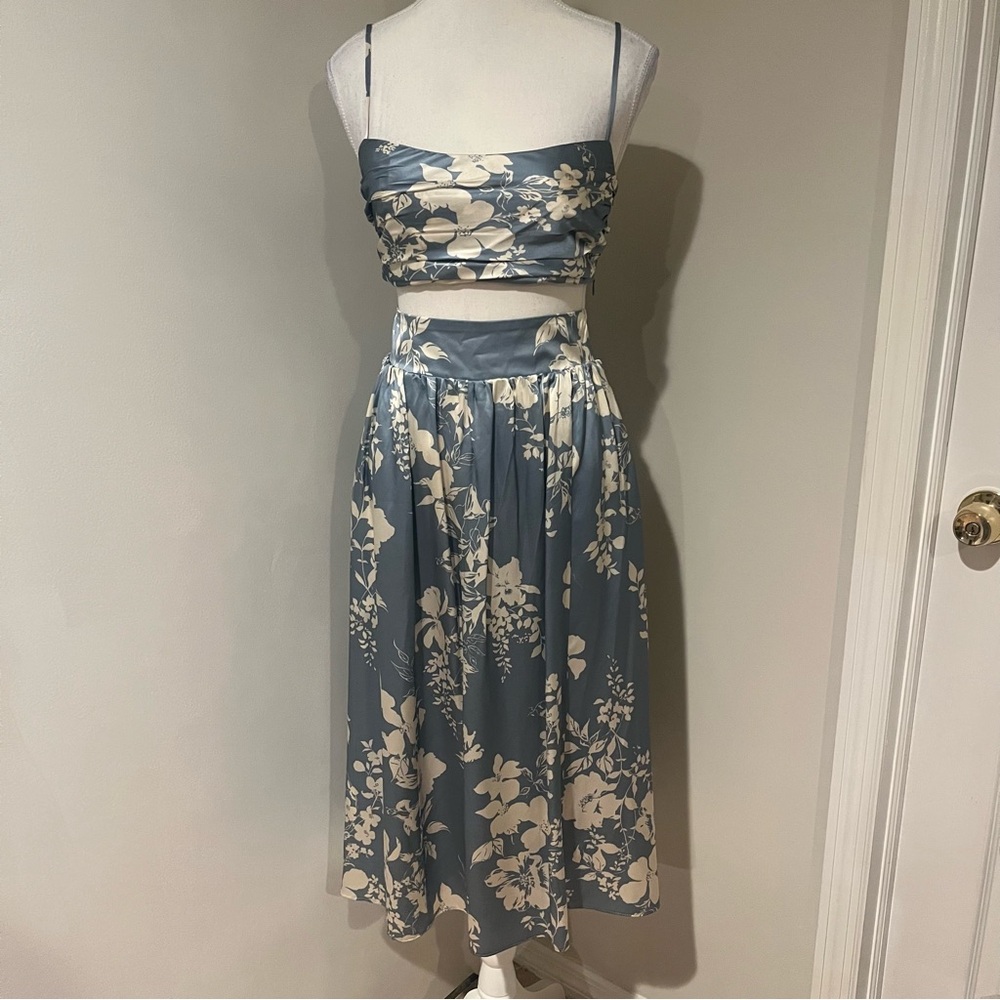 Reformation Blue and Cream Floral Silk Skirt Set